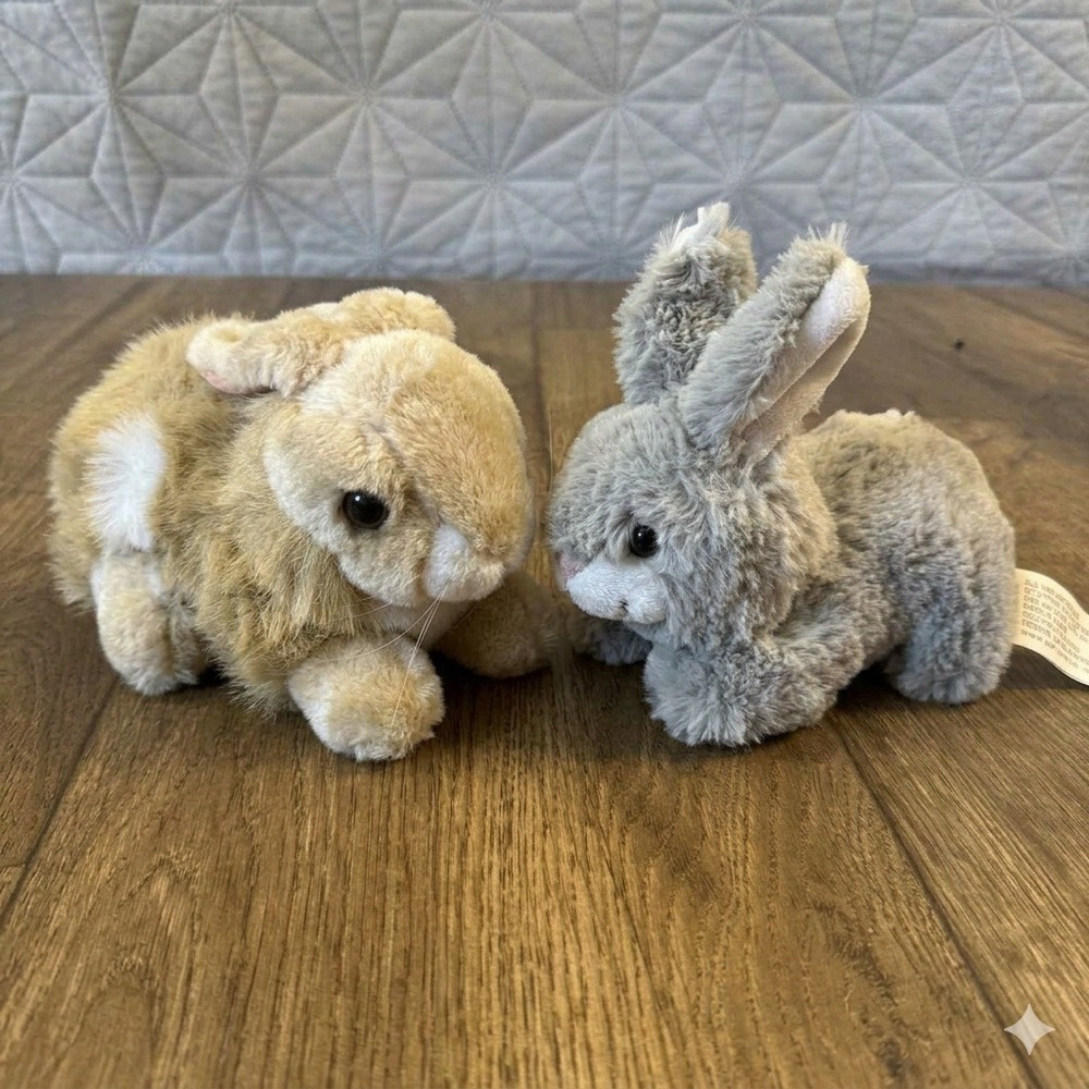 Kellytoy Shanghai Elcee Plush Bunny Rabbit Lot Tan Gray Realistic Stuffed Animal